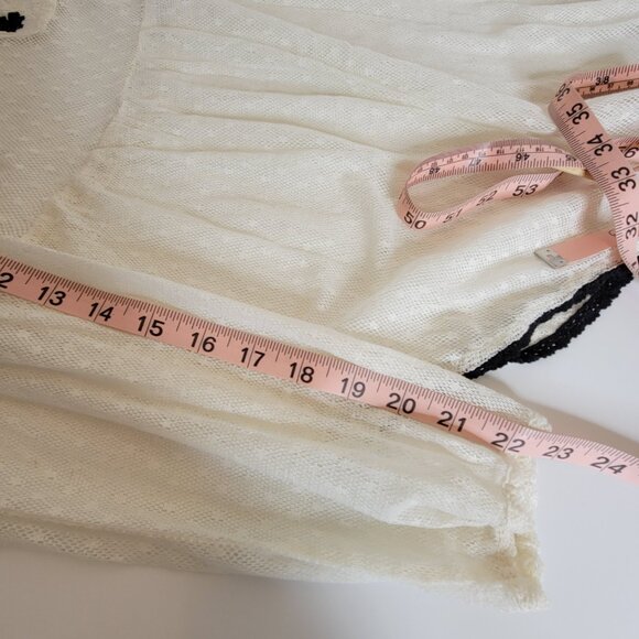 Free People Semi Sheer Peasant Style Tunic w/Embroidery Tie Front Beige/Blk Sz L - Picture 9 of 14